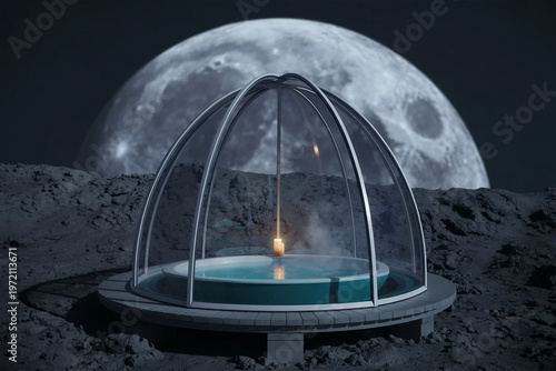 A white birdcage containing a steaming hot tub on a lunar landscape under a full moon.