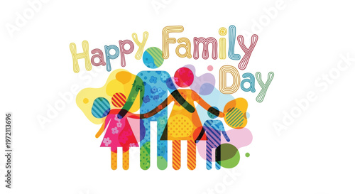 Colorful illustration depicting a happy family embracing each other with text