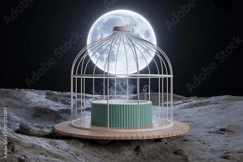 A white birdcage containing a steaming hot tub on a lunar landscape under a full moon.