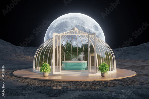 A white birdcage containing a steaming hot tub on a lunar landscape under a full moon.