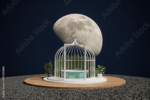 A white birdcage containing a steaming hot tub on a lunar landscape under a full moon.