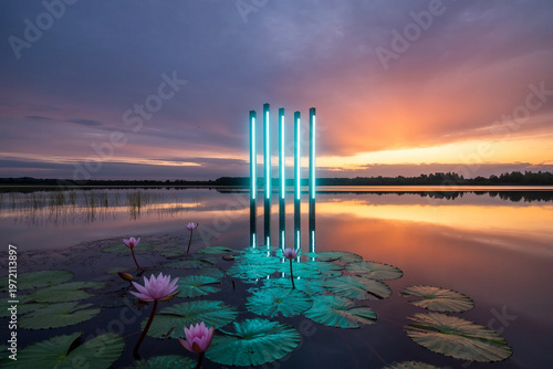 Glowing cyan pillars standing in a calm lake at sunset with pink water lilies in the foreground.