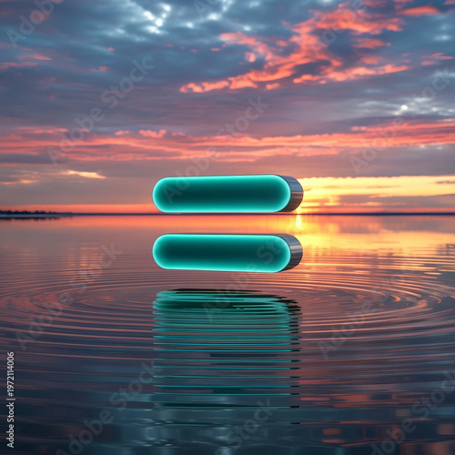 glowing teal rectangles floating over a calm lake during a vibrant sunset in the forest.