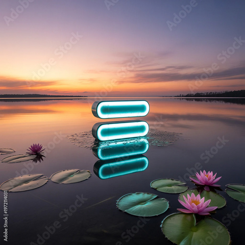 glowing teal rectangles floating over a calm lake during a vibrant sunset in the forest.