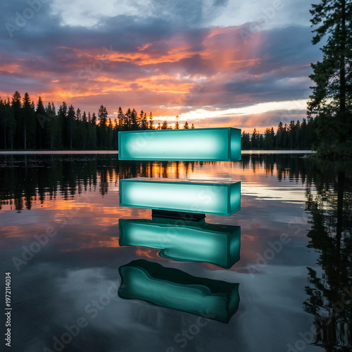glowing teal rectangles floating over a calm lake during a vibrant sunset in the forest.