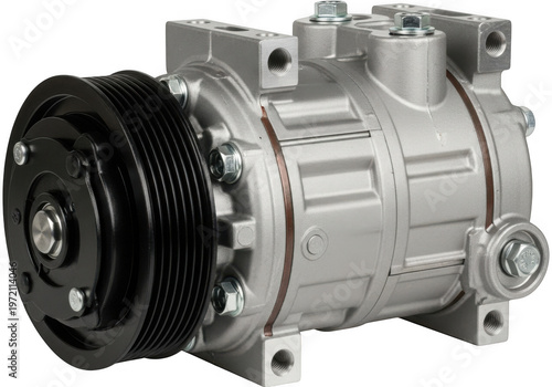 A silver and black air conditioning compressor isolated on transparent background