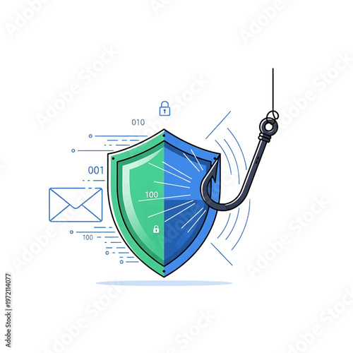 Shield with fishing hook cyber security.