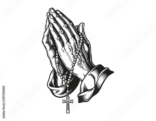 Praying hands silhouette a vintage engraving depicting devotion and faith with rosary and cross