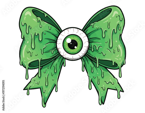 A vibrant unsettling illustration of a green eye shaped like a bow with dripping slime creating a surreal and spooky aesthetic