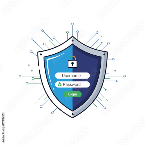 Shield with login form and lock.