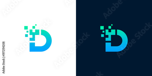 Modern gradient letter D logo with dissolving pixel elements, conveying innovation, data technology, and digital presence for a contemporary brand identity
