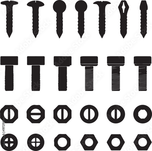 Silhouettes of wall bolts, nuts and screws