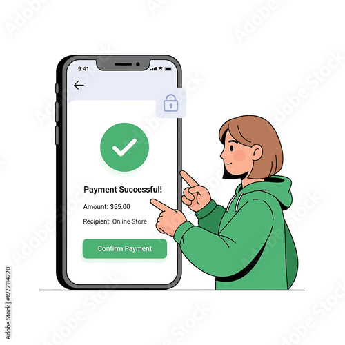 Man pointing at smartphone payment screen.