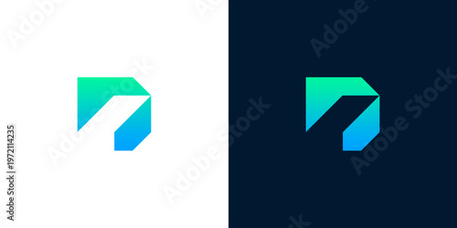 Modern geometric abstract letter D or number 7 logo design featuring a vibrant blue to green gradient, perfect for technology startups or innovative business branding and corporate identity solutions