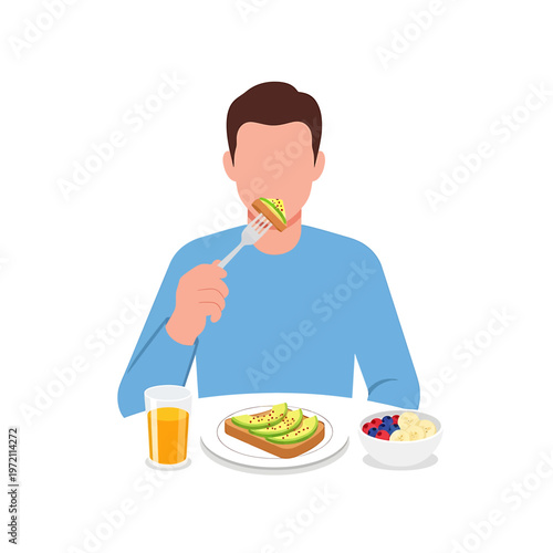 Man eating toast with avocado slices.