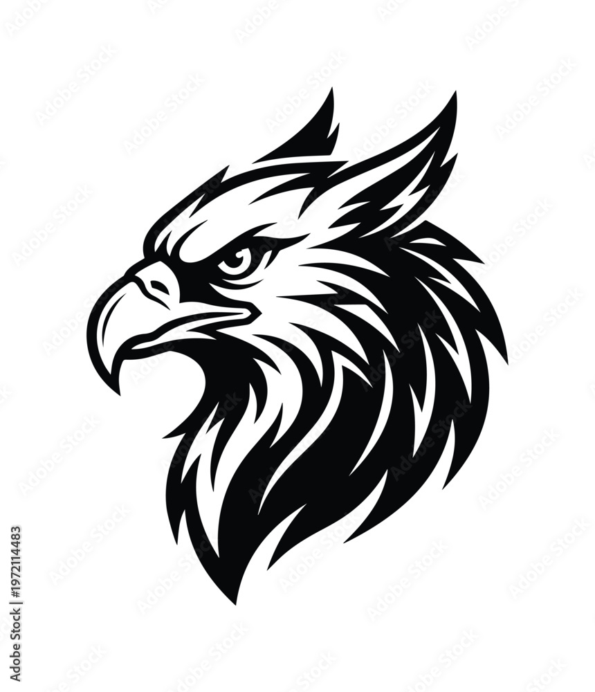 Obraz premium Majestic black and white griffin head vector, powerful mythical creature illustration, fantasy animal emblem, strong falcon eagle mascot design for branding and sports.