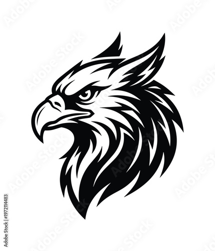 Majestic black and white griffin head vector, powerful mythical creature illustration, fantasy animal emblem, strong falcon eagle mascot design for branding and sports.