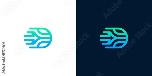 Dynamic abstract letter D or shield logo in gradient blue and green, symbolizing digital connectivity, data flow, and modern technology for business branding