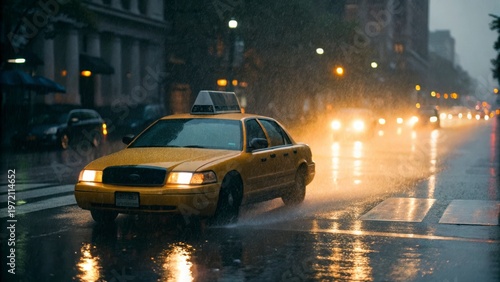 Yellow taxi driving through rainy city street at night with reflections