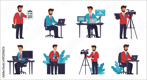 Illustrative set depicting a man in various professional media roles