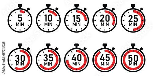 Time is Ticking: Collection of stopwatches with different time intervals. From 5 to 50 minutes, each timer presents a specific duration, captured with precision and clarity.