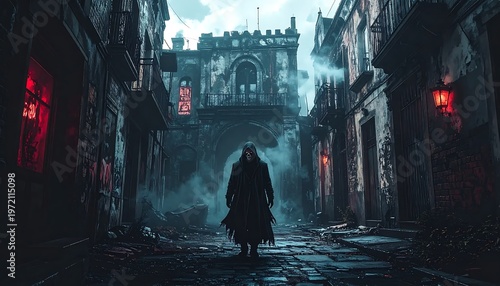 A lone figure walks down a dark alleyway towards a distant archway