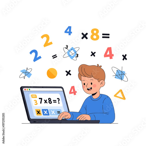 Boy using laptop for math problems.