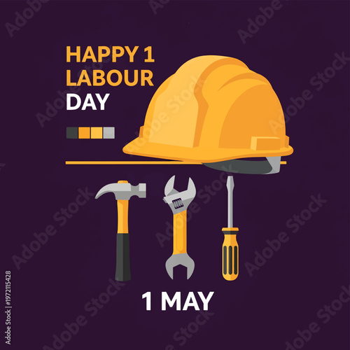 Labour Day Greeting with Hard Hat and Tools on Dark Background