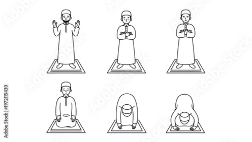 Muslim Man Performing Islamic Prayer (Salat) Ritual Stages on Prayer Mat - Line Art Vector Set