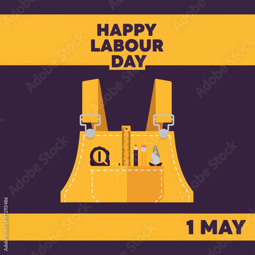 Labour Day celebration with tool belt and Happy Labour Day text