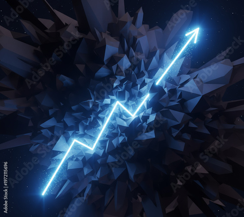 Abstract blue background with glowing stars and digital data charts featuring 3d technology lines and business finance arrows in a light energy design