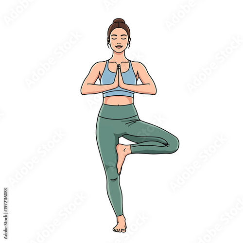 Woman in yoga tree pose standing 3.