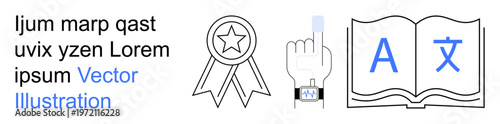 Language learning, education, certification, multilingual tools, digital recognition, interface design. Ribbon badge, hand gesture book with language symbols. Language learning and certification