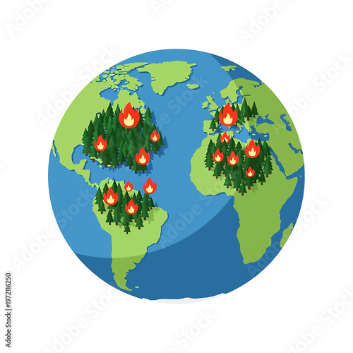 Globe with forest fires burning worldwide 2.