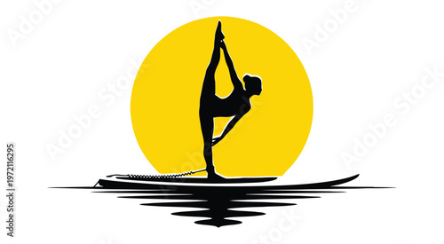 Zen Stand Up Paddle Yoga Silhouette at Sunset Vector