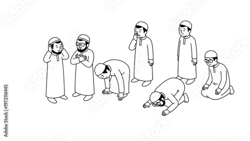 Muslim men performing Islamic Salah prayer stages. Line art illustration of religious ritual.