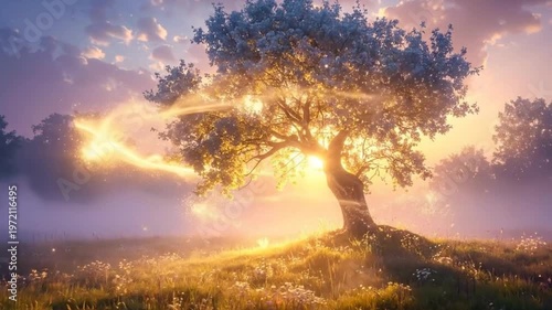 A serene landscape featuring a glowing tree bathed in the warm light of the setting sun, creating a magical atmosphere.