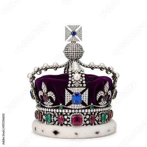 Regal crown decorated with gems and pearls on white fur base