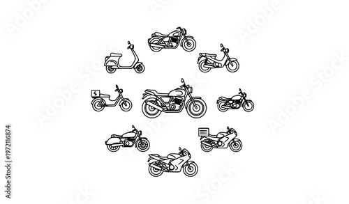 Motorcycle bike transport outline icons circular arrangement thin line vehicle symbols for branding and design