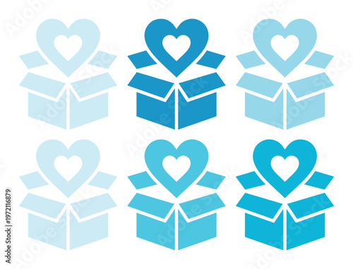 Heart in a Box Vector Icon Set, six blue gradient heart and gift box illustrations, love and care package graphic resource for charity, donation, or surprise concepts