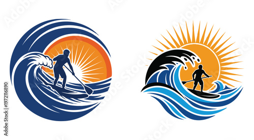 Stand Up Paddle Yoga and Surfing Emblem Vector Illustration