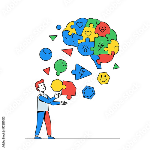 Man with creative thought process puzzle.