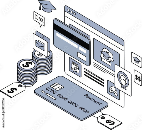 Fintech concept for online education payment, tuition fees, and student loans. Isometric illustration of credit cards, coins, and graduation cap icons on white background.