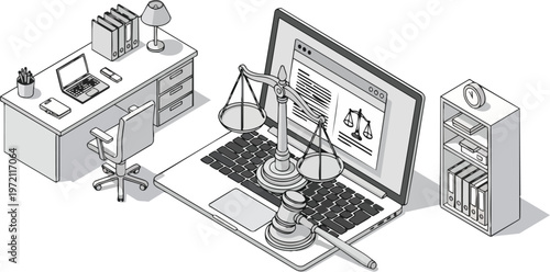 Digital Law and Online Justice Concept Isometric Illustration with Judge Gavel and Scales on Laptop