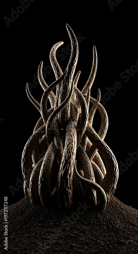 Mysterious dark creature with intertwined tentacles emerging from a shadowy textured ground on a black background with sci