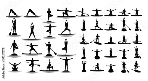 Comprehensive Silhouette Set of Stand Up Paddle Yoga Poses