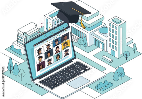 Virtual Graduation Ceremony Illustration: Isometric Laptop with Online Class, Graduation Cap, and Confetti. E-learning and Digital Education Concept for Remote Students.