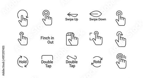 Hand gestures for touchscreen interface icons.