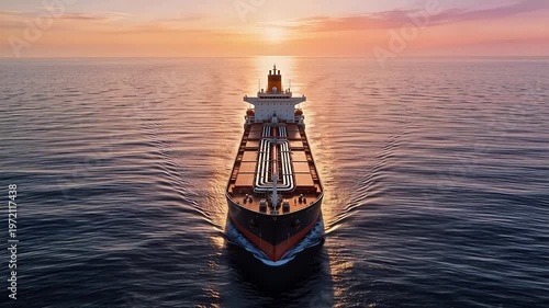 Large cargo tanker ship sailing on open ocean at golden sunset, industrial maritime transport, global trade and logistics concept