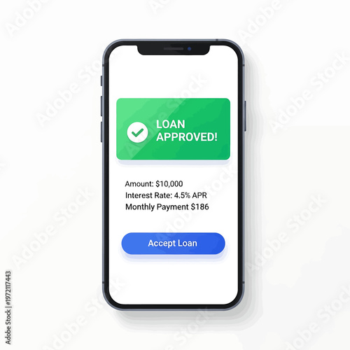 Loan approved on mobile phone screen.